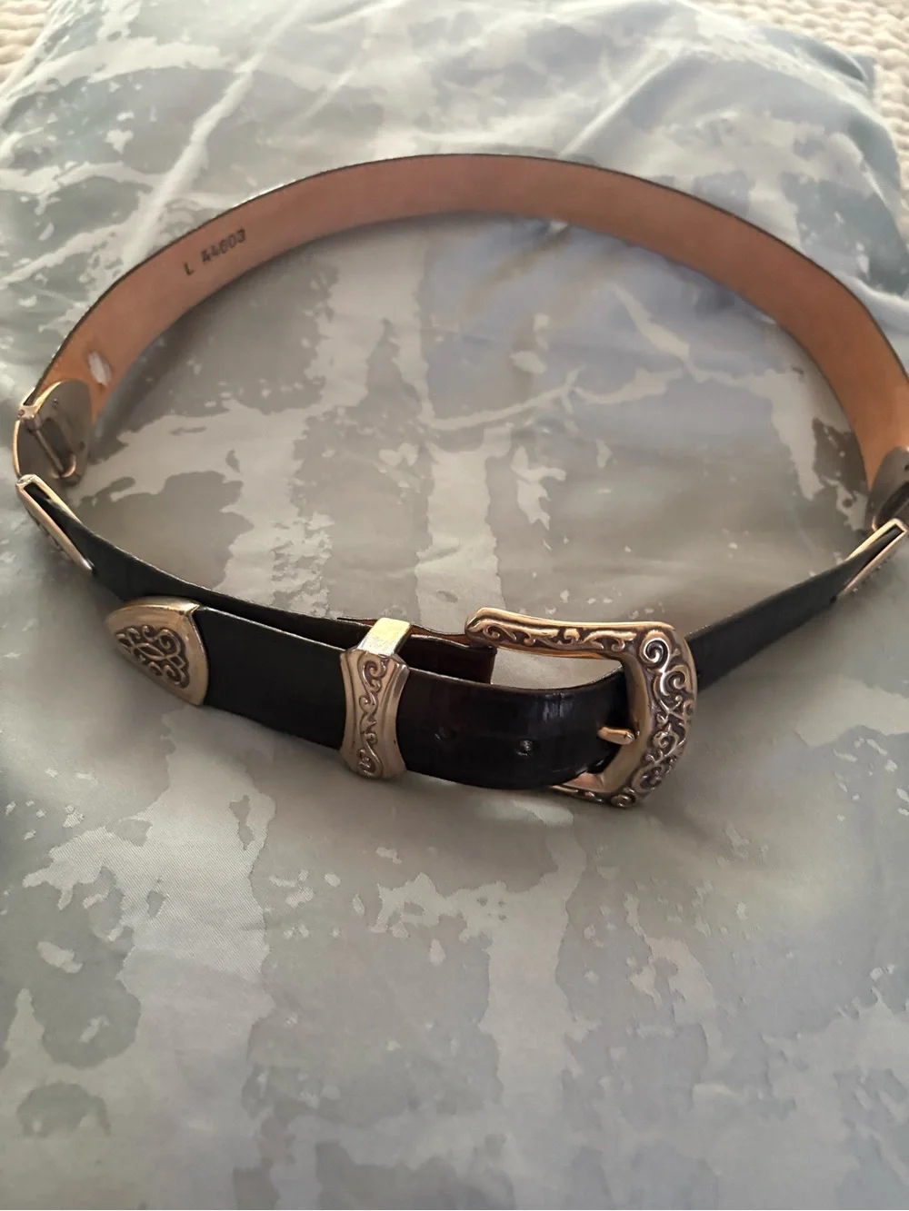 Brighton Black Leather Belt with Ornate Gold Buckle
